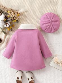 Baby Girl Borg Collar Button Front Overcoat & Hat - Pink - View 2