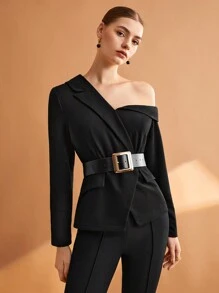 BizChic 無腰帶非對稱領口翻蓋設計西裝外套 - 黑色 - 查看 4