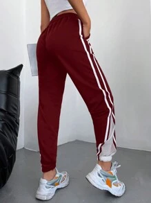 EURMUSE Pantalón de chándal con cintura con cordón y costuras laterales a contraste - Burdeos - Ver 2