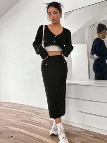SHEIN Unity con botón delantero Cárdigan crop & Falda de punto sin top tank - Negro - Ver 4