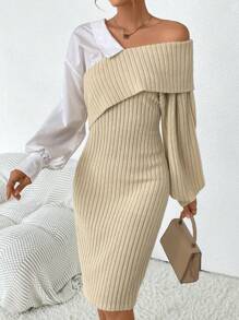 SHEIN Essnce Vestido ajustado de dos tonos doblado de cuello asimétrico de hombros caídos tejido de canalé - Albaricoque - Ver 4