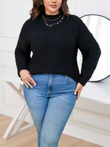 SHEIN LUNE Plus Mock Neck Drop Shoulder Sweater Knit Pullover Fall Winter Sweater - Black - View 6