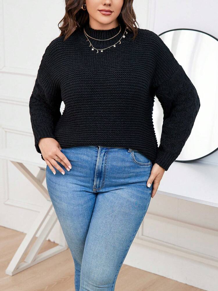 Plus Mock Neck Drop Shoulder Sweater Knit Pullover Fall Winter Sweater
