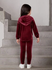 SHEIN Leap Crew Cô Gái Trẻ Thả vai Hoodie & Leggings - Đỏ - Xem 2