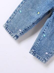 女嬰花卉刺繡彈性腰帶牛仔褲 - 深色水洗藍 - 查看 5