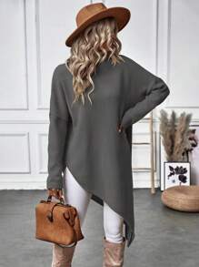 SHEIN Clasi Áo len cổ lọ, vai rớt, vạt không đối xứng, chất liệu dệt kim, thích hợp cho mùa thu đông. - Màu xám đen - Xem 6