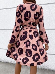 SHEIN LUNE Allover Print Button Front Lantern Sleeve Dress Fall Cloth For Women - Multicolor - View 2