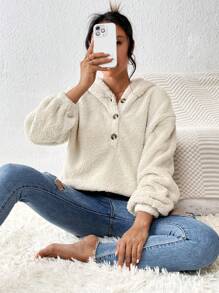 SHEIN Essnce Half Button Drop Shoulder Teddy Hoodie - Apricot - View 1