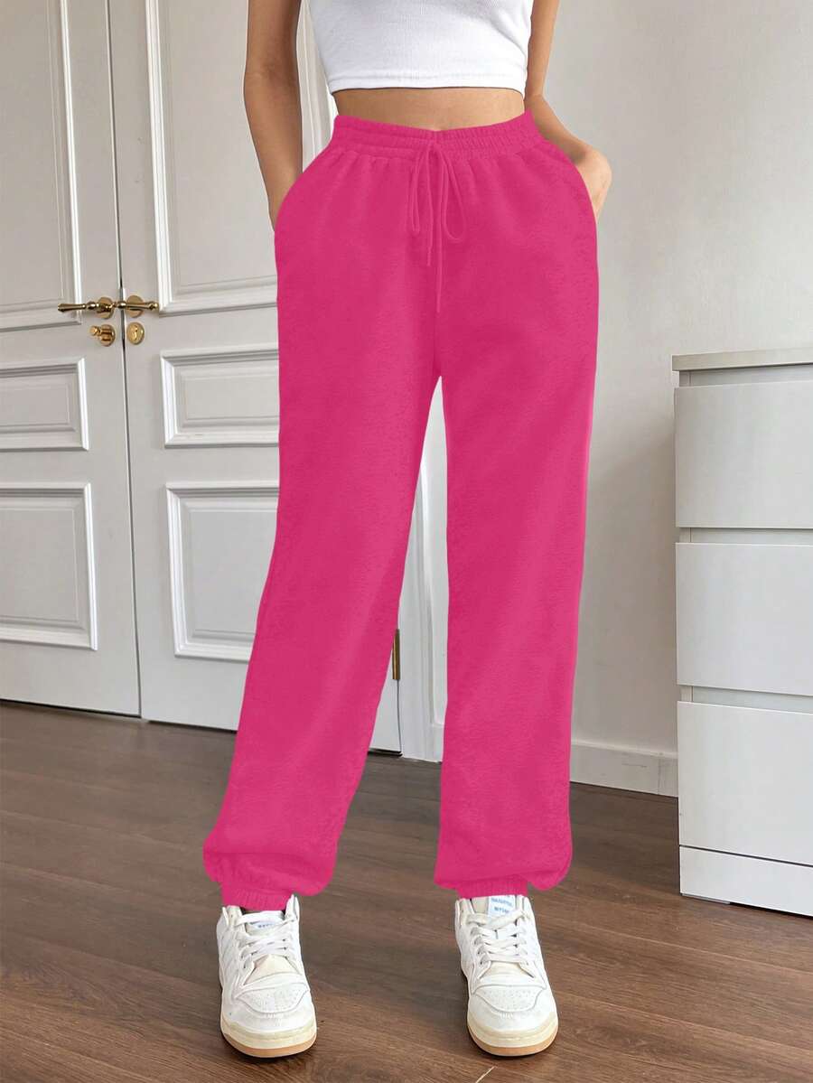 SHEIN Unity Solid Drawstring Waist Slant Pocket Sweatpants - Hot Pink - View 1