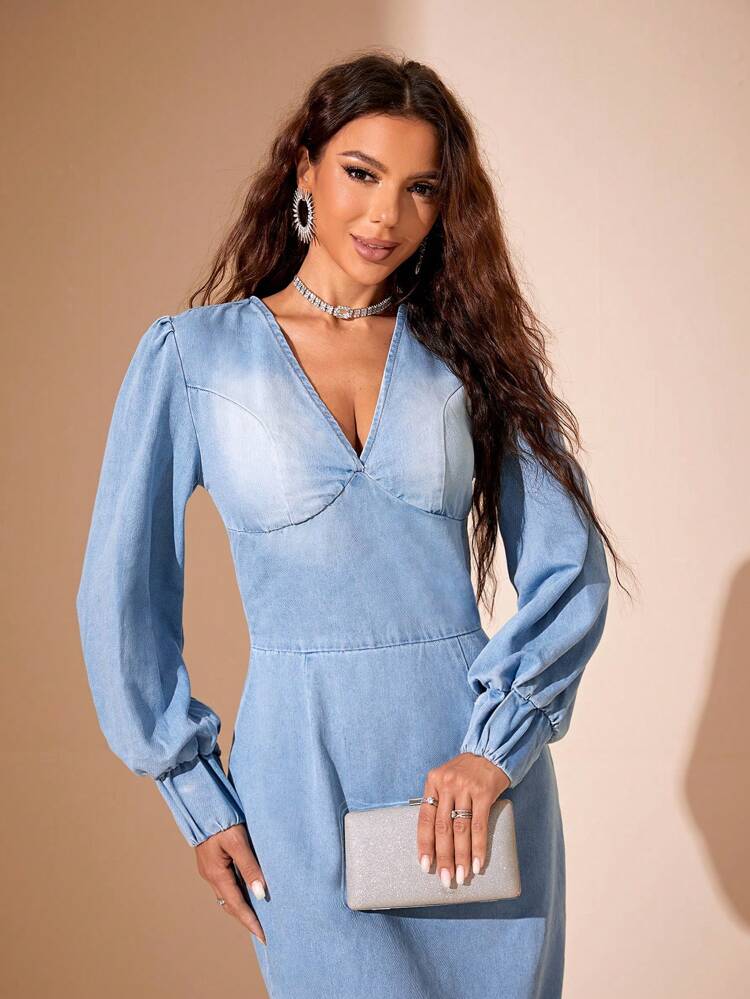 Plunging Neck Lantern Sleeve Denim Dress