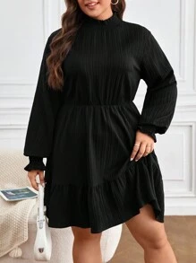 SHEIN Frenchy Plus Mock Neck Flounce Sleeve Ruffle Hem Dress,Graduation Dress - Black - View 6