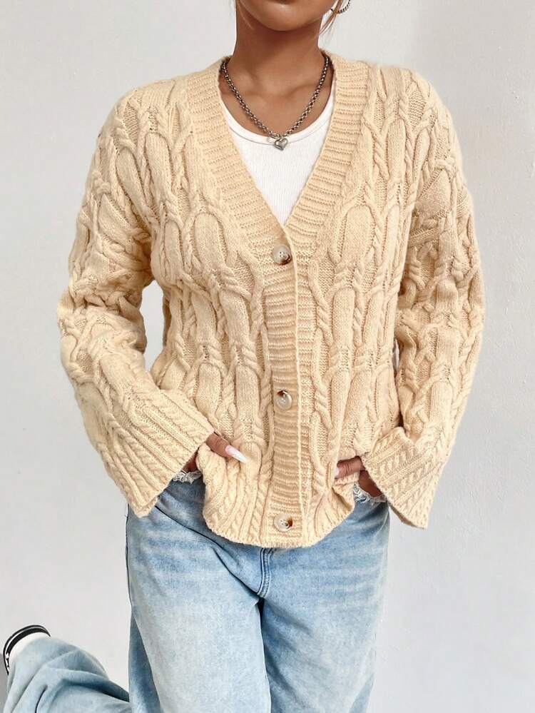 Cable Knit Drop Shoulder Button Front Cardigan Knit Pullover Sweater Fall Winter