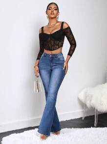 SHEIN Pantalones Acampanados De Mezclilla - Azul lavado medio - Ver 6
