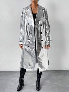 Allurite 雙排釦腰帶金屬質感風衣外套 - 銀色 - 查看 3