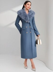 Modelyn 博格领双排扣大衣，女士冬季优雅双纽扣常规袖瀑布常规版型灰蓝色粗花呢纯色女士大衣，冬季保暖/冬季时尚 - 霧霾藍 - 查看 3