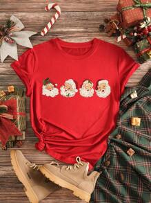 INAWLY Plus Christmas Print Tee Graphic Tees Women Tops - Red - View 1