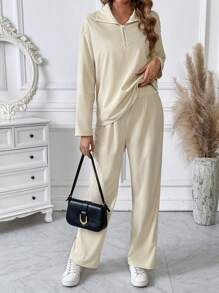 Chiquease Half Zip Drop Shoulder Tee & Pants - Apricot - View 4
