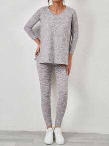 EURMUSE Gray Split T-shirt And Leggings Two-piece Set - Grey - View 3