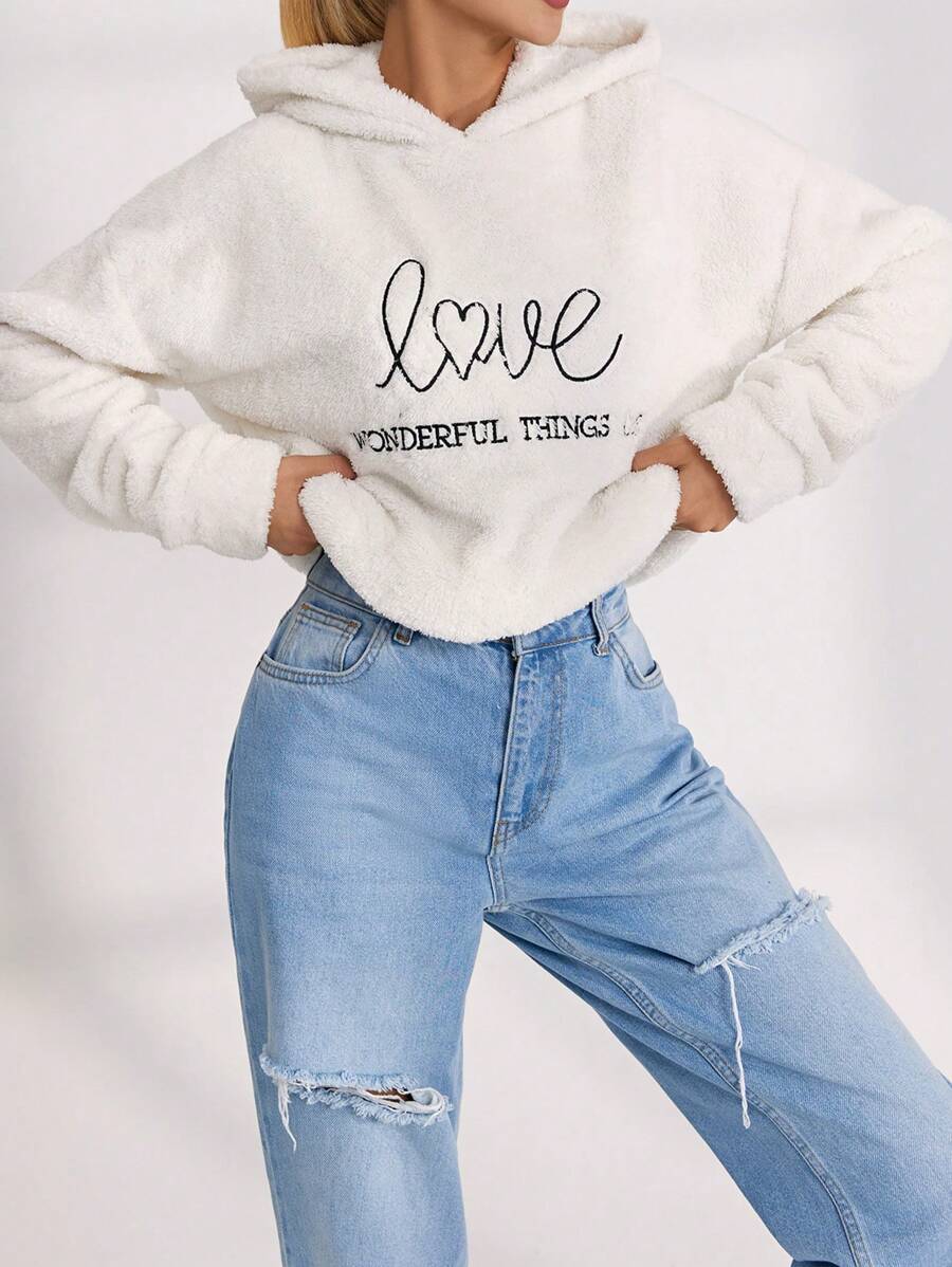 EURMUSE Slogan Embroidery Drop Shoulder Teddy Hoodie - White - View 1
