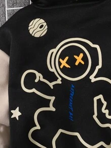 SHEIN 小男孩休閒街頭風格寬鬆連帽外套太空人背設計拼布袖條紋裝飾適合秋冬 - 彩色 - 查看 6