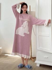DAZY Cartoon & Đồ họa chữ cái tay áo lá sen Xù Hoa Sen Đầm giản dị - Hồng - Xem 4