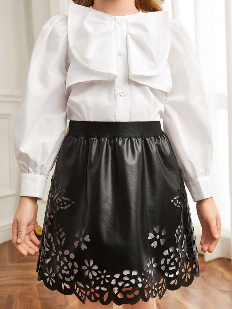 Young Girl Bow Front Blouse & Laser Cut Skirt