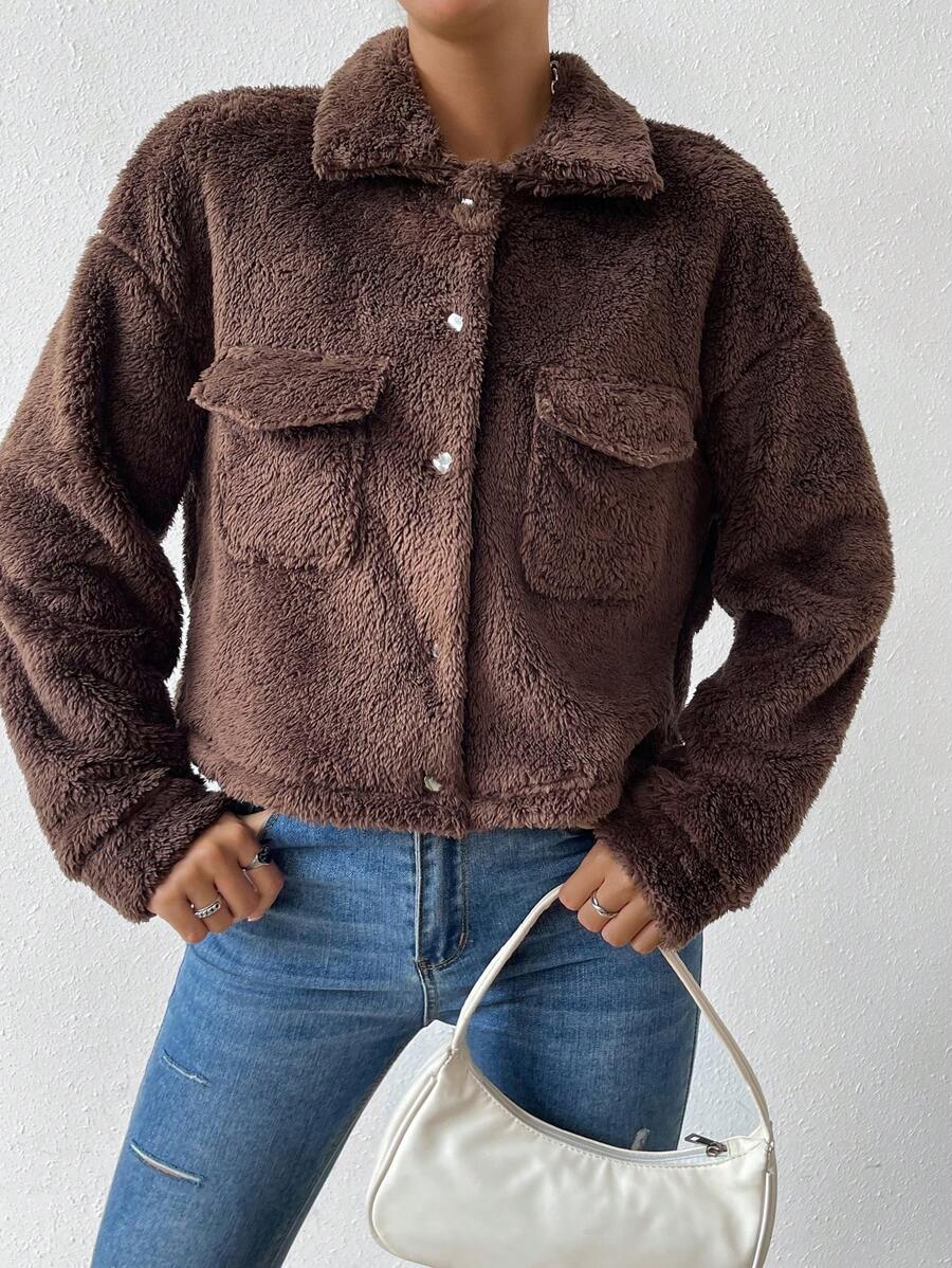 SHEIN Essnce Cazadora con bolsillo con solapa de hombros caídos franela - Café integral - Ver 1