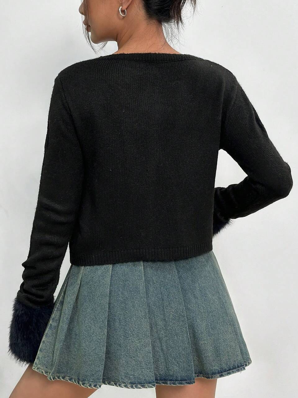Fuzzy Cuff Button Front Split Hem Crop Tee Knit Pullover Sweater Fall Winter