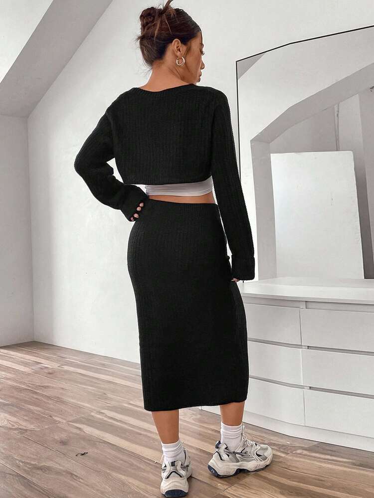 Button Front Crop Cardigan & Knit Skirt Without Tank Top