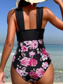 Floral Print One Piece Swimsuit - Multicolor - View 2