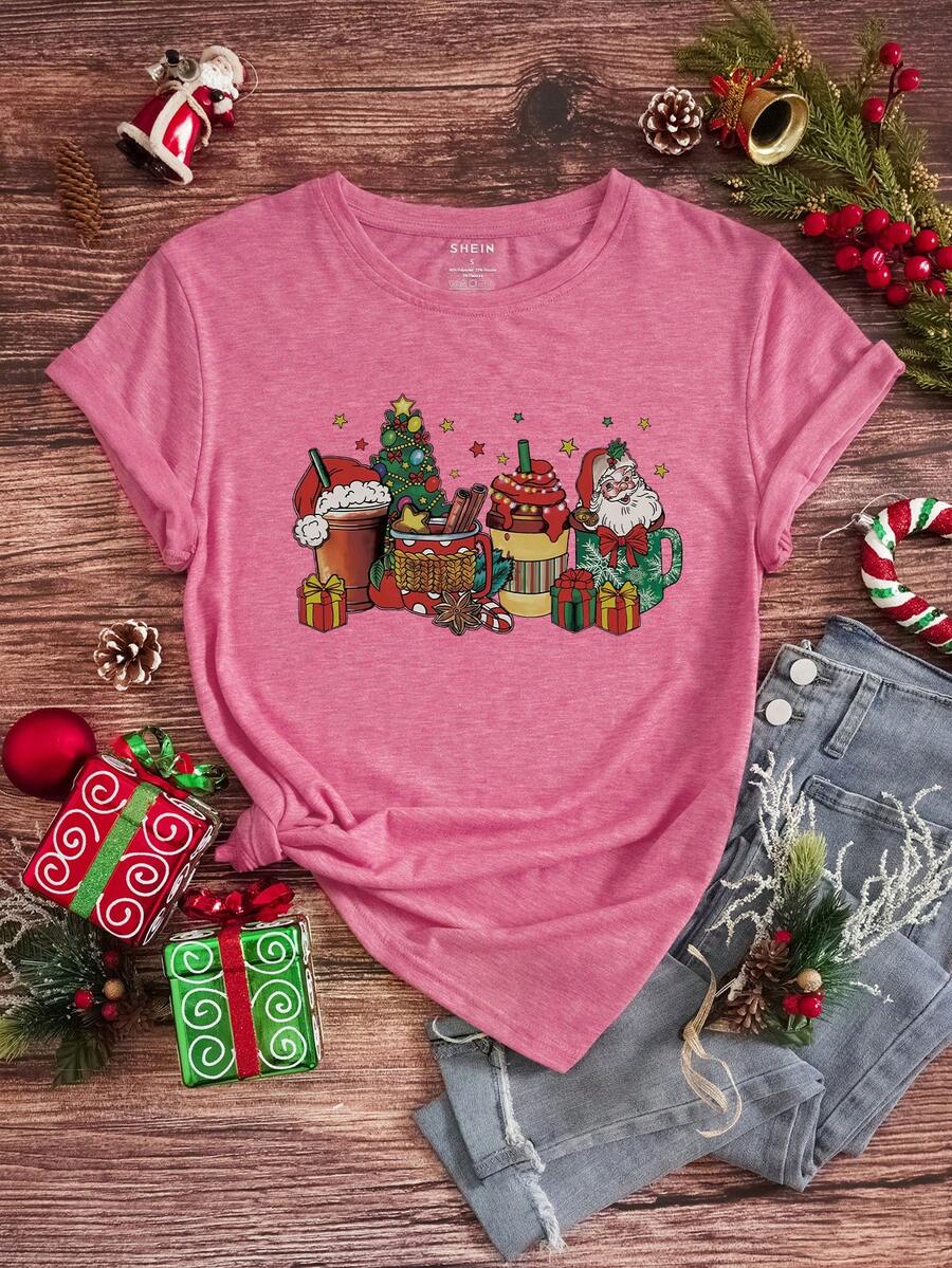 SHEIN EZwear 休闲圣诞印花短袖 T 恤，夏季 - 粉色 - 查看 1
