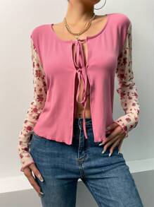 SHEIN LUNE 碎花前繫帶木耳邊上衣 - 粉色 - 查看 3