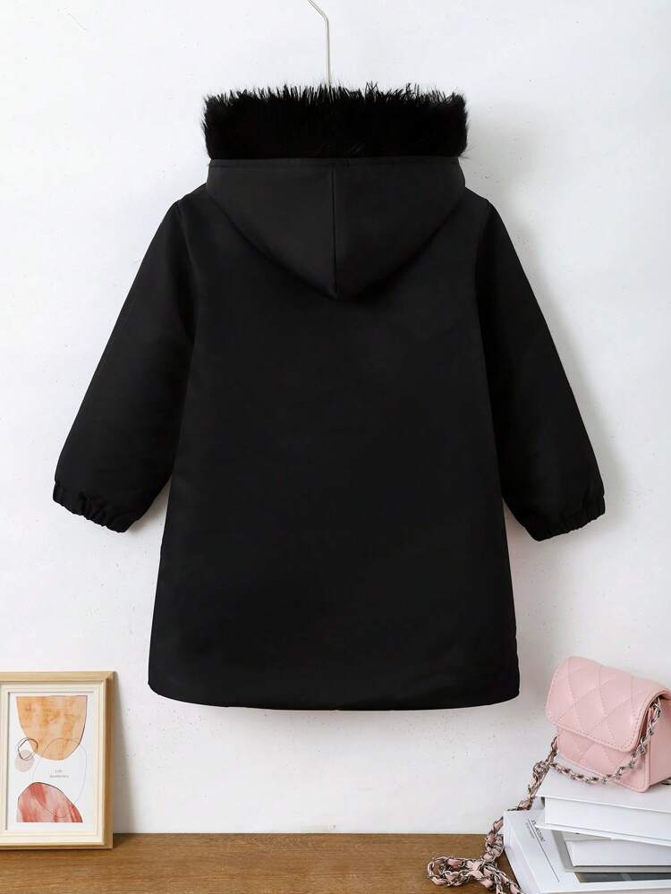 Young Girl Cartoon & Letter Graphic Fuzzy Trim Hooded Padded Coat