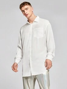 Manfinity RebelGame 大尺碼男士純色襯衫,設有貼袋 - 白色 - 查看 4