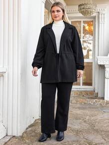 SHEIN Cottnline Plus Lapel Neck Coat & Pants - Black - View 6