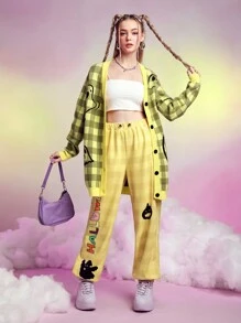 SHEINNeu Plaid Letter & Cartoon Graphic Drawstring Waist Sweatpants - Multicolor - View 5