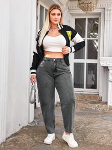 EURMUSE Quần Jeans Mom Fit Cạp Cao Cỡ Lớn - Xám - Xem 3