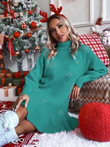 SHEIN LUNE Hình bông tuyết Áo cao cổ Tay Raglan Đầm Áo len - Màu xanh Cadet - Xem 6