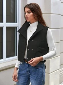 SHEIN LUNE Women's Solid Color Front Button Sleeveless Simple Casual Winter Jacket - Black - View 6