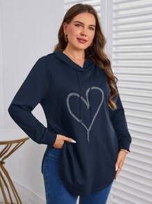 SHEIN LUNE Áo nỉ cỡ lớn có dây rút in hình trái tim đính đá - Màu xanh hải quân - Xem 5