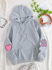SHEIN EZwear Đồ họa Hoạt hình Lót nhiệt Dây rút Hoodie - Xám - Xem 2