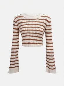 SHEIN Unity Pull court à manches évasées avec motif rayé, pour l'automne et l'hiver - Rouge - Voir 1