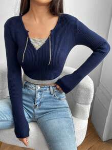 SHEIN Unity 缺角领二合一短款针织套头衫秋冬毛衣 - 藏蓝色 - 查看 5