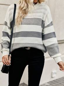 Chiquease Color Block Drop Shoulder Pointelle Knit Sweater - Grey - View 4