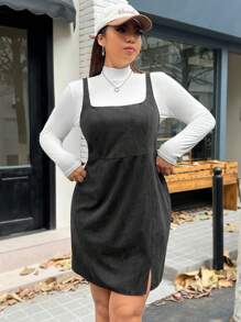 SHEIN EZwear 大碼下擺開叉燈芯絨背帶洋裝不帶T恤 - 黑色 - 查看 3