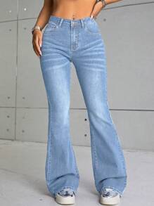 SHEIN EZwear Jeans de pierna amplia con bolsillo oblicuo - Lavado ligero - Ver 3