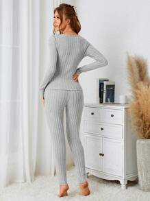 Lace Trim Ribbed Knit PJ Set / Pajama Set - Grey - View 2