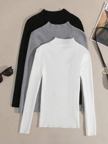 Airaco 3pcs Mock Neck Ribbed Knit Sweater,Long Sleeve Tops Knit Pullover Fall Winter Outfit - Multicolor - View 2