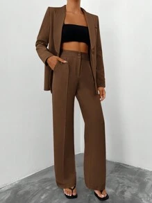 EURMUSE 2 Pieces Solid Color Shawl Collar Women's Suit Suit - Brown - View 5