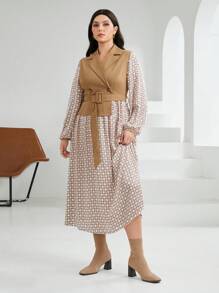 Mulvari Plus Size Geometric Print Patchwork Vest Belted Dress - Khaki - View 6